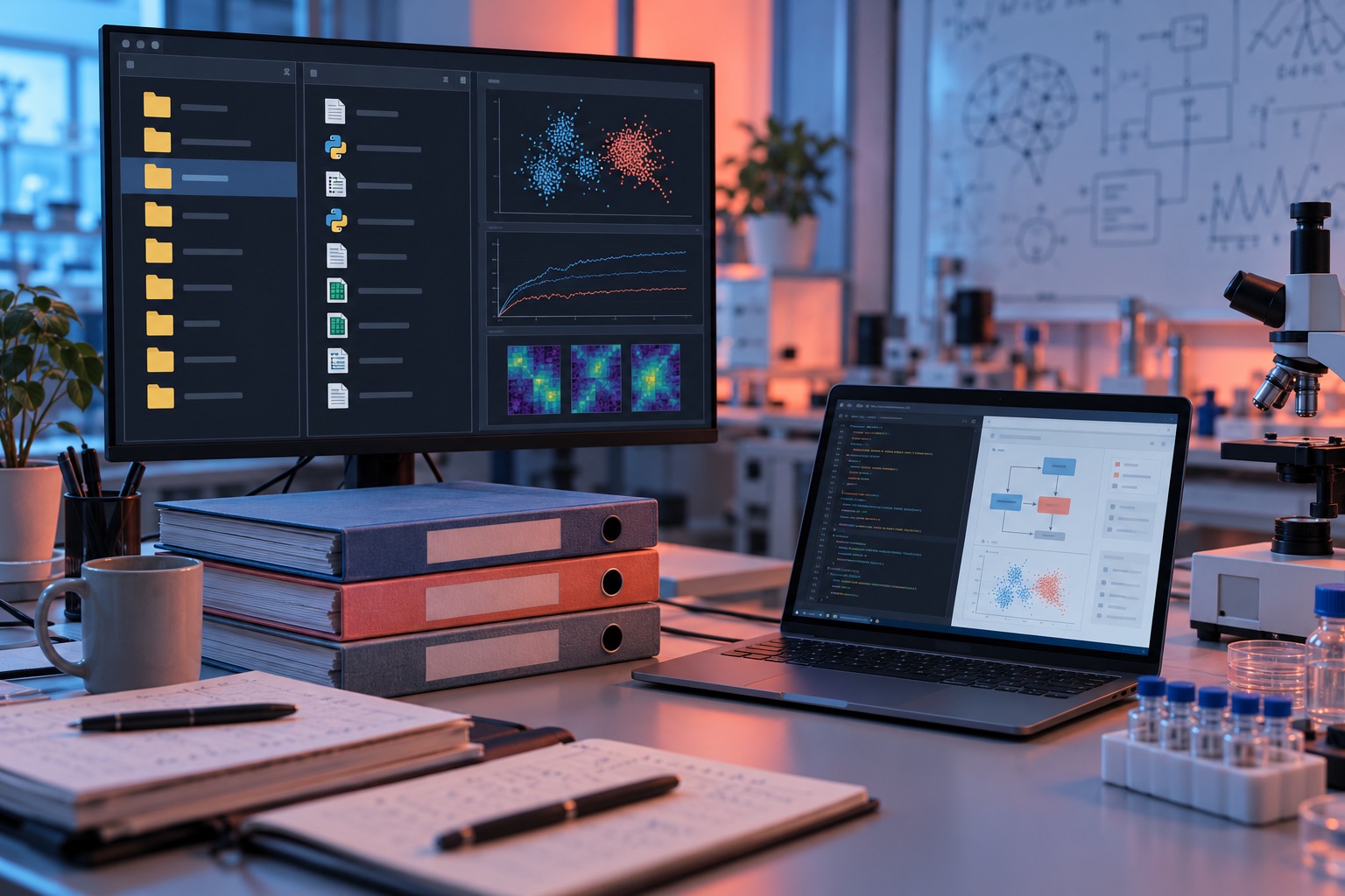 AI-generated editorial illustration of research files and scripts kept in a local project