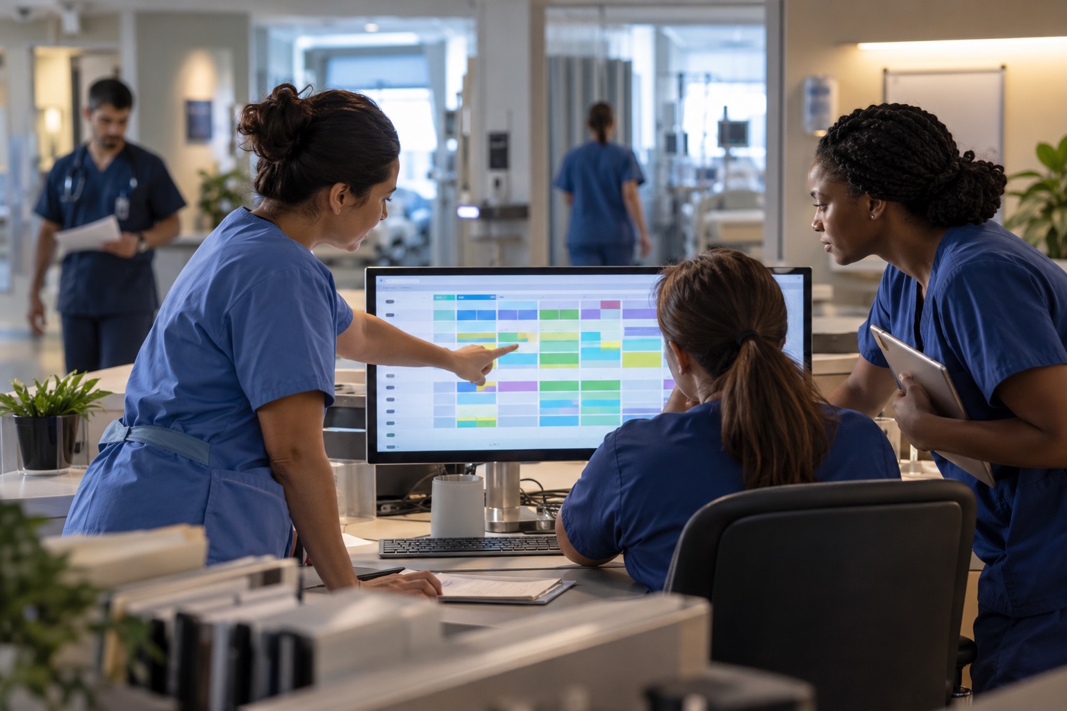 AI-generated editorial illustration of nurses planning coverage for a hospital ward