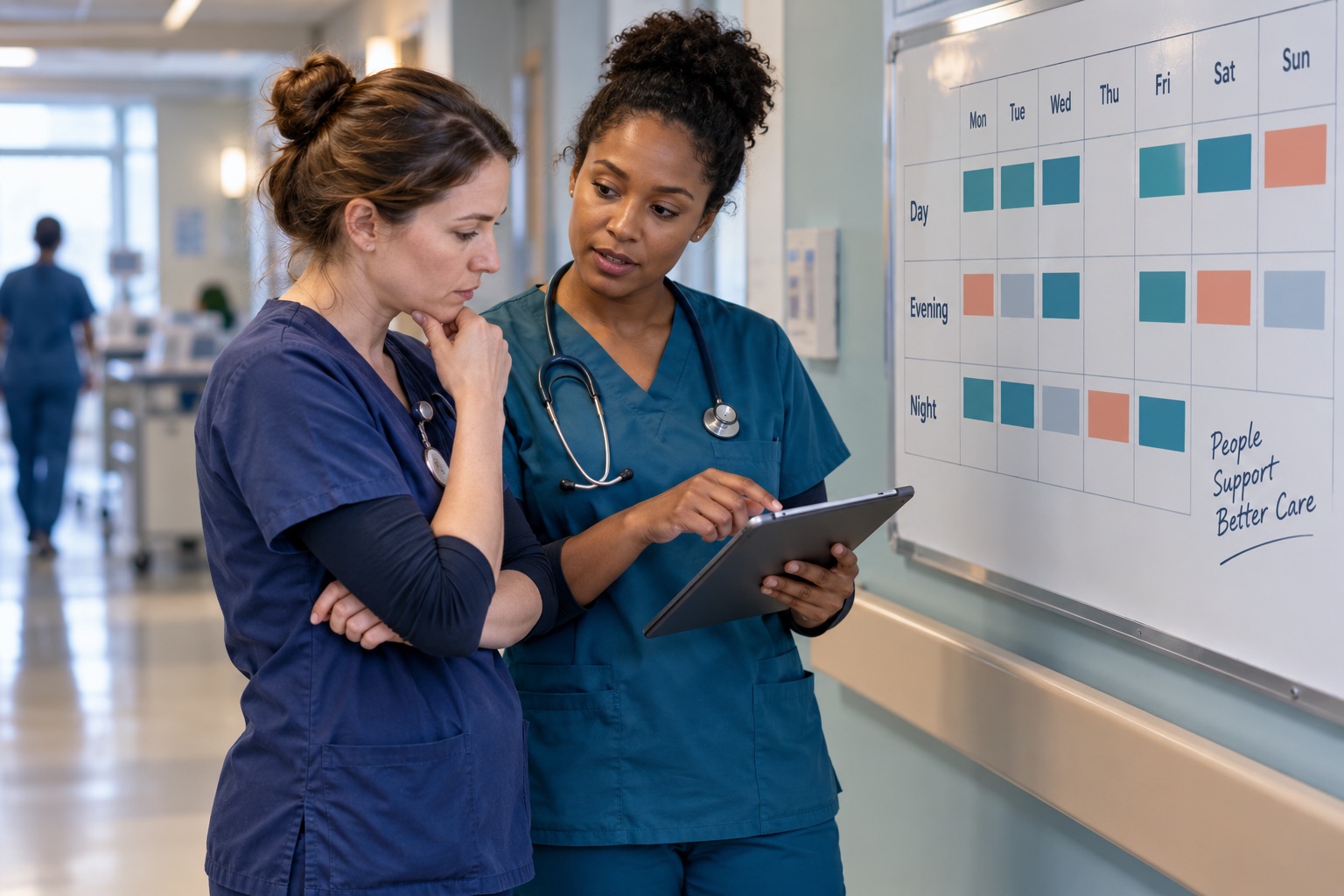 AI-generated editorial illustration of hospital nurses discussing team staffing