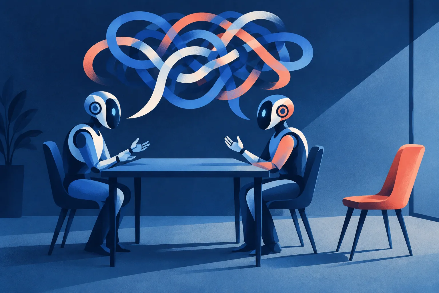 Two abstract AI interview machines talking across a table beside an empty chair.