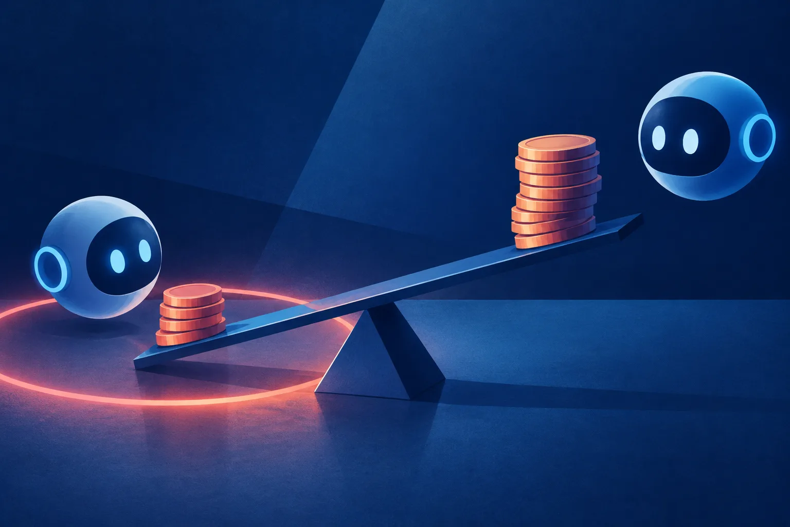 AI negotiation orbs beside an unbalanced scale and separated stacks of coins.