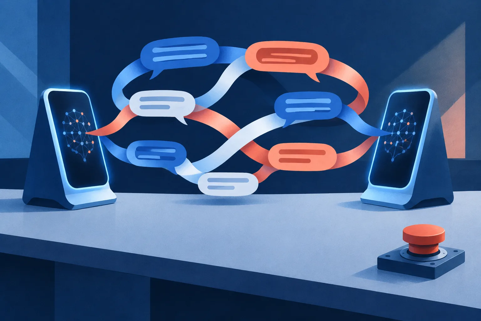 Looping AI conversation beside an unreachable emergency stop button.