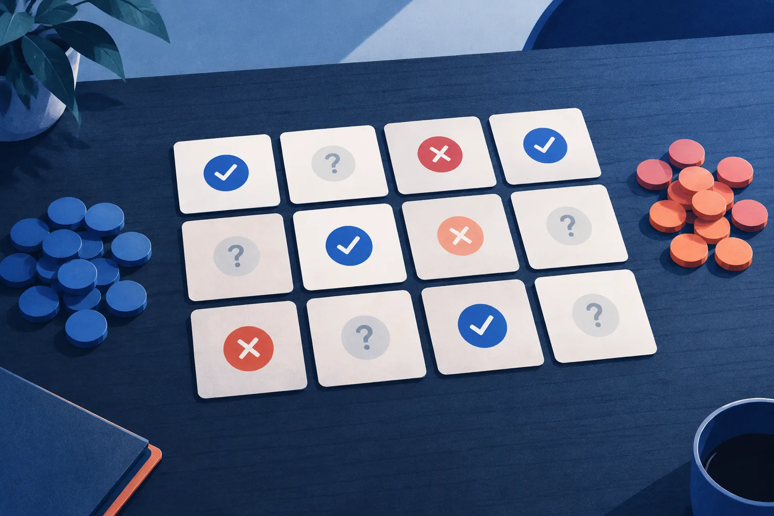 Question tiles and anonymous tokens illustrate different patterns of answers and uncertainty.