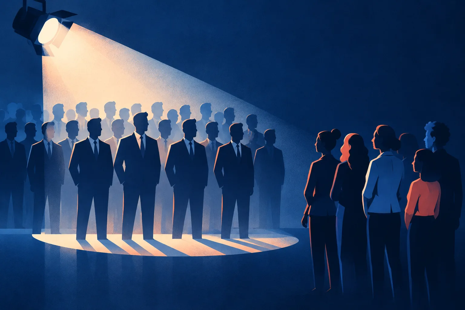 A media spotlight favors one group of generic expert silhouettes over another.