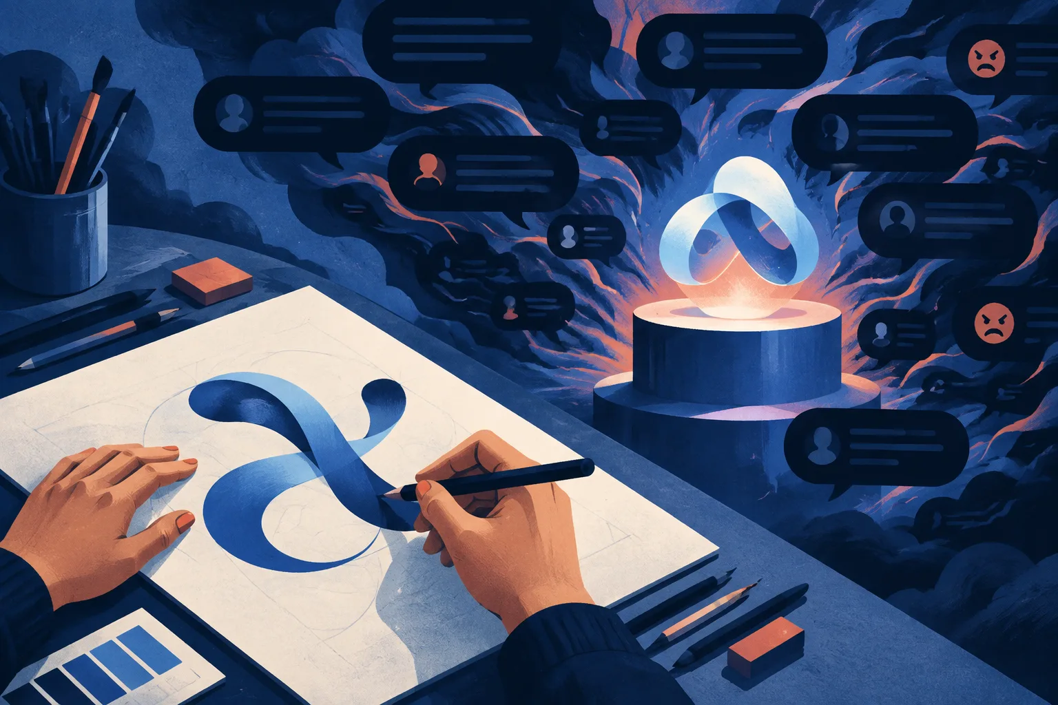 Anonymous artist hands refine a letterform as hostile comment bubbles gather around an abstract AI product.
