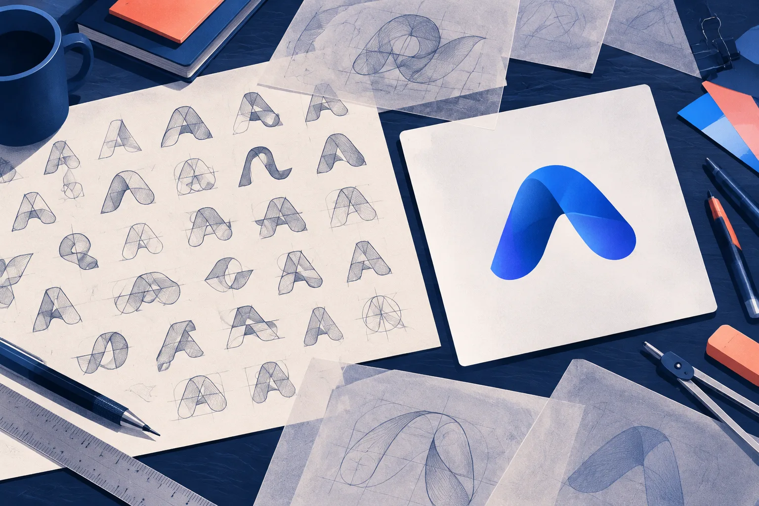 Many abstract letterform sketches and precision tools cover an artist's worktable.