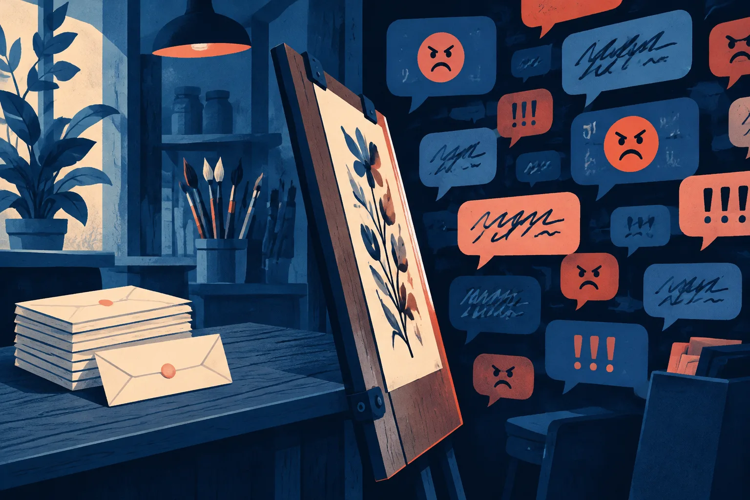 A drawing board separates small-business payroll envelopes from a wall of hostile speech bubbles.