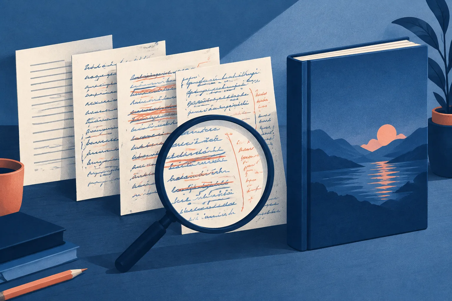 Edited manuscript drafts form a visible trail toward a finished book under a magnifying glass.
