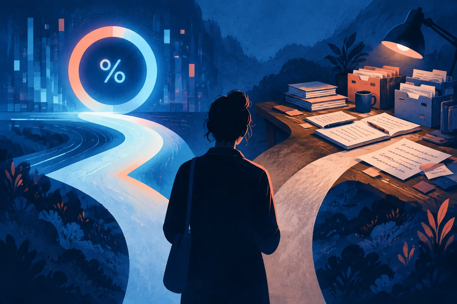 An anonymous author stands between an automated score and a desk filled with writing evidence.