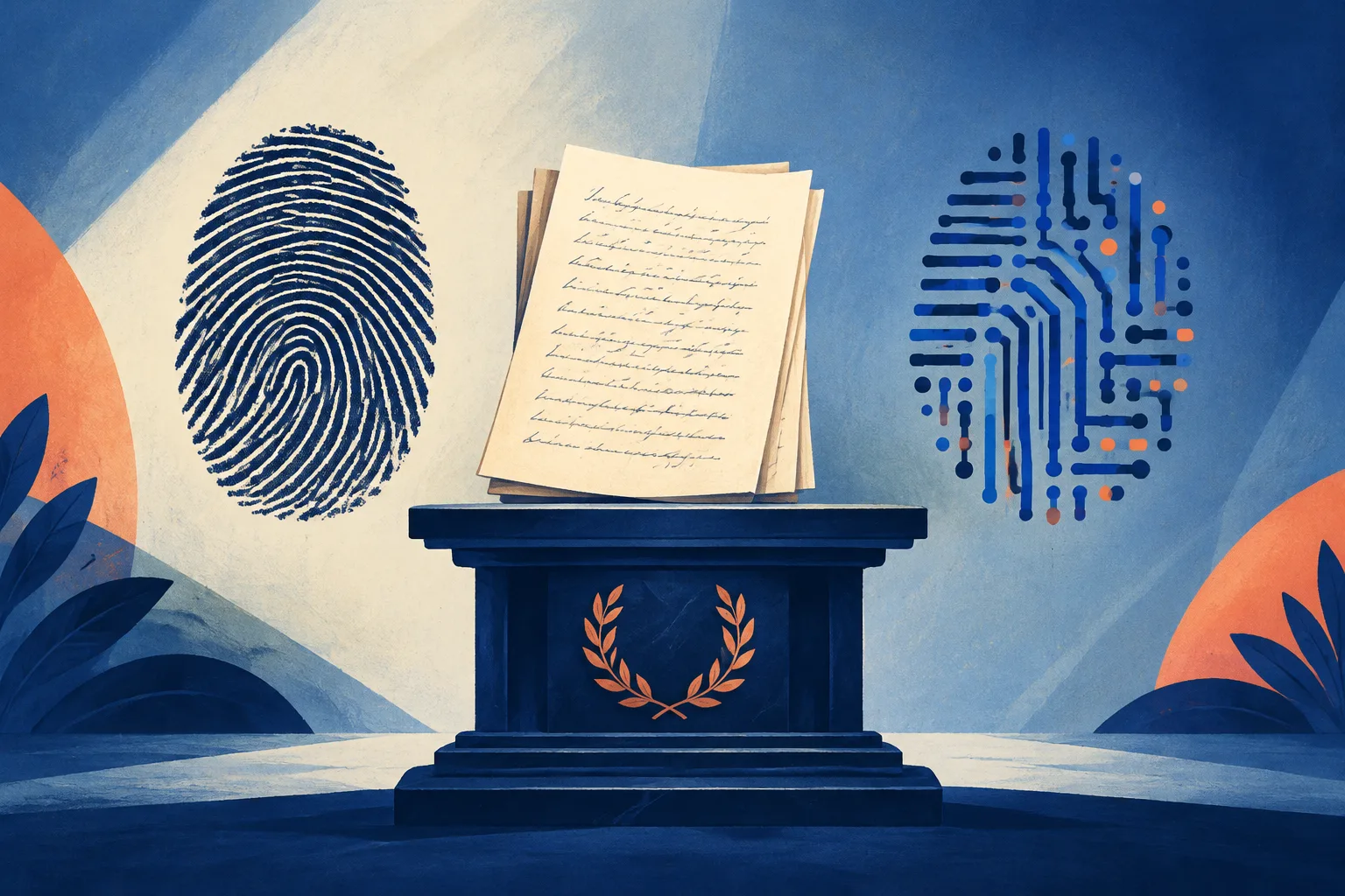 A manuscript sits between a human ink fingerprint and an abstract machine pattern.