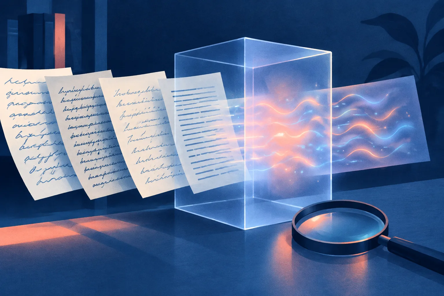 Varied manuscript pages pass through an AI detector producing an ambiguous signal.