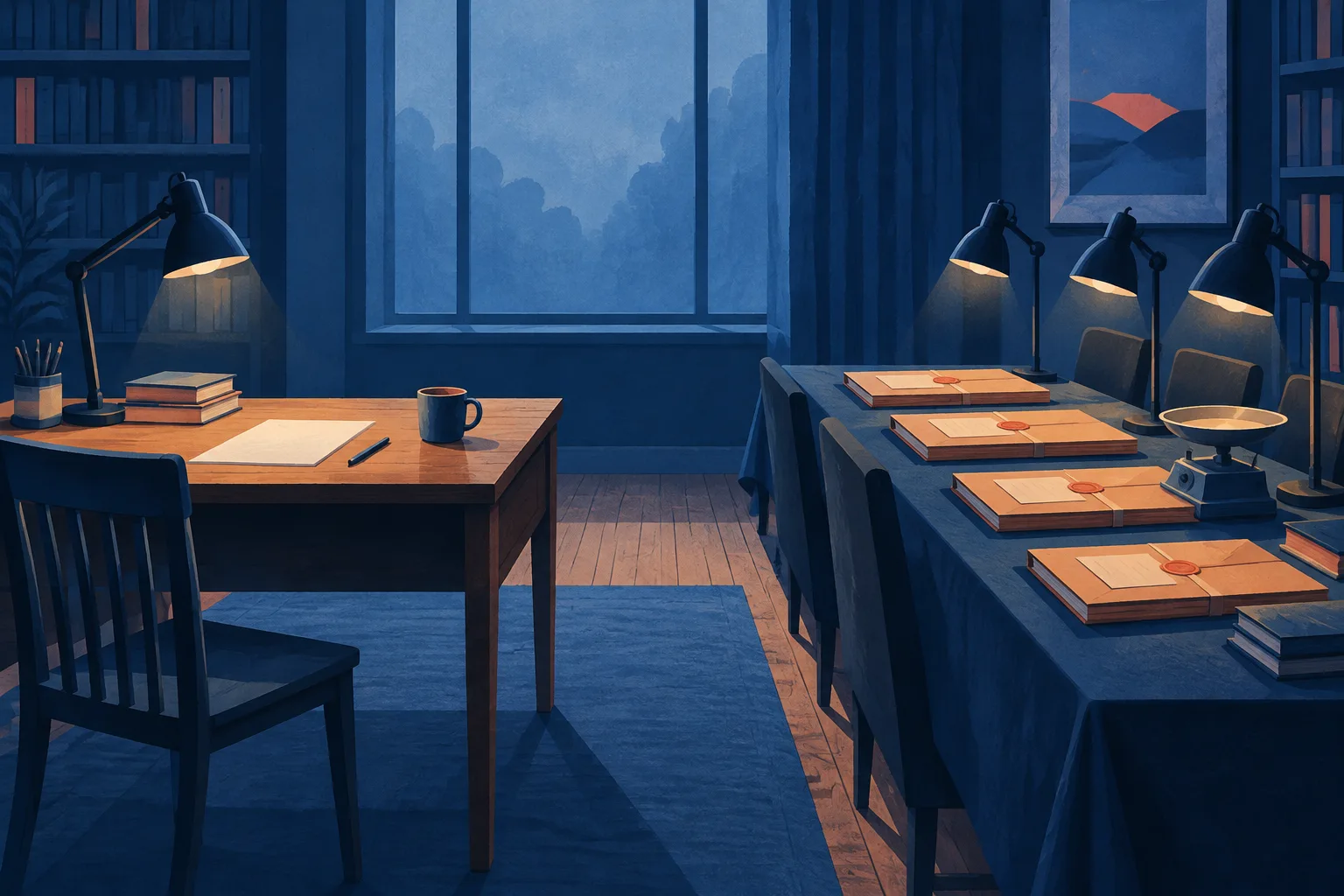 An author’s desk faces a balanced review table prepared for a careful investigation.