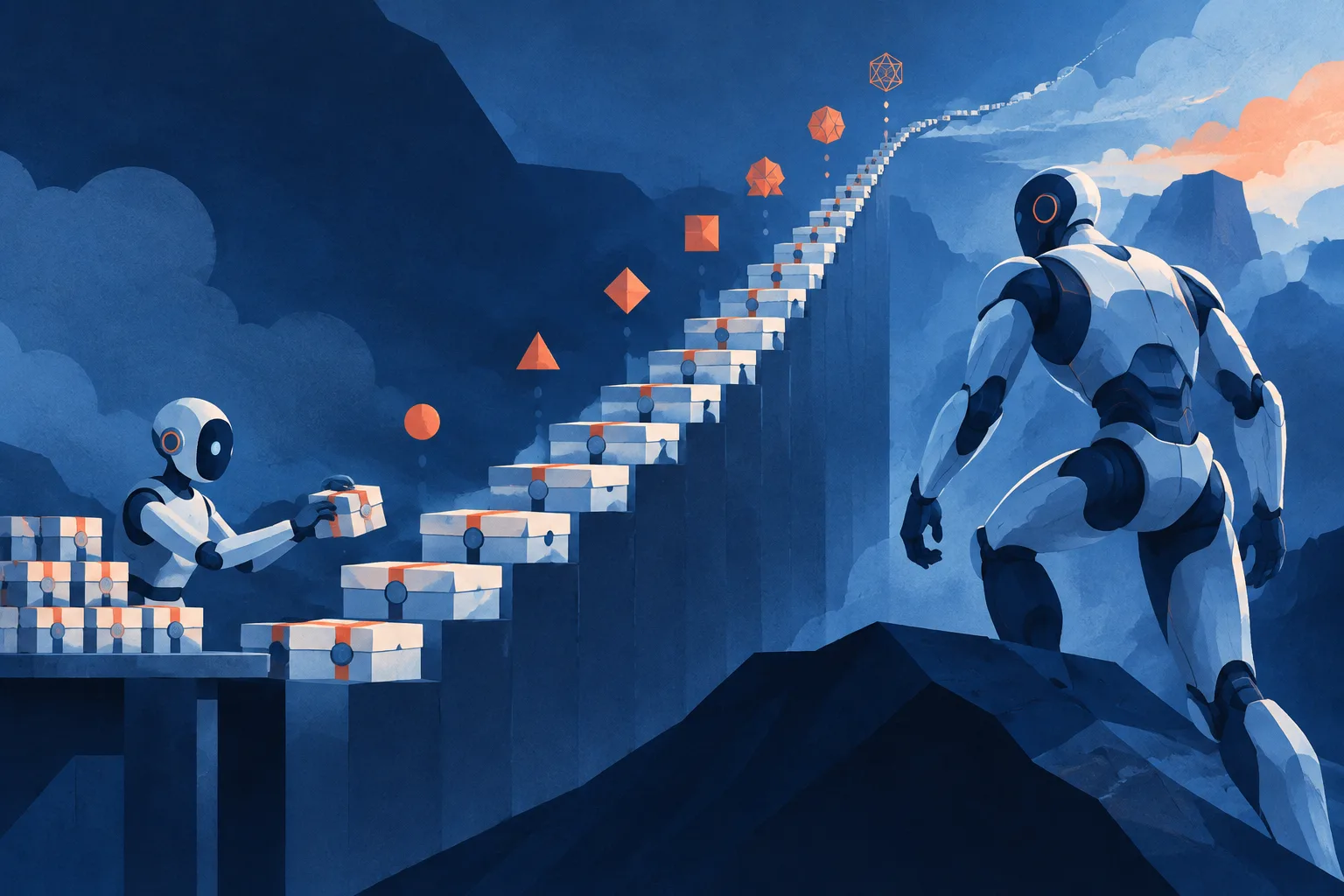 A compact AI examiner builds new logic puzzles ahead of a larger frontier AI climbing a staircase.