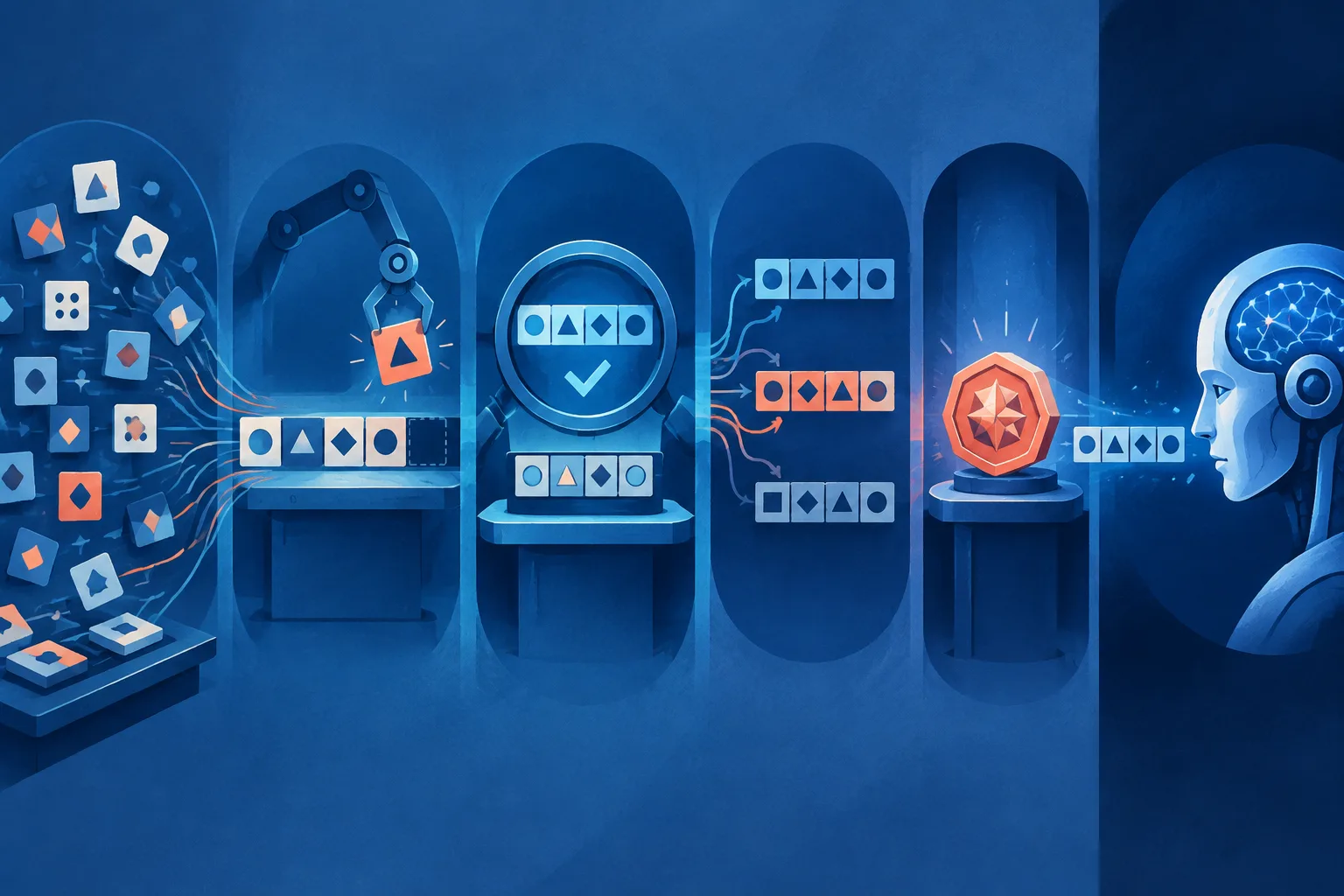 Abstract sequence puzzles move through composition, verification, rival checking and certification stages.