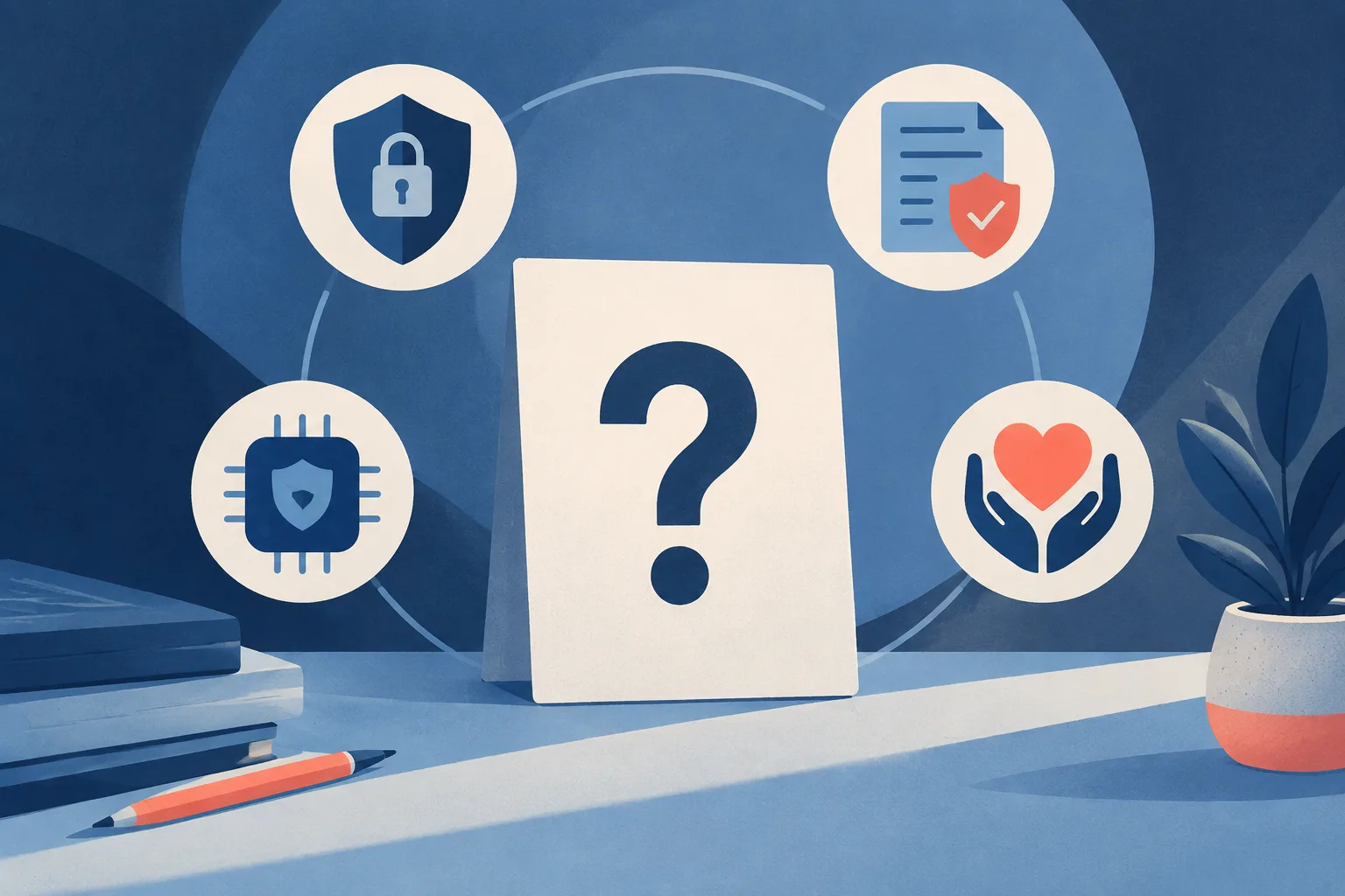Privacy, policy, safeguards, and crisis-support symbols surround unanswered questions.