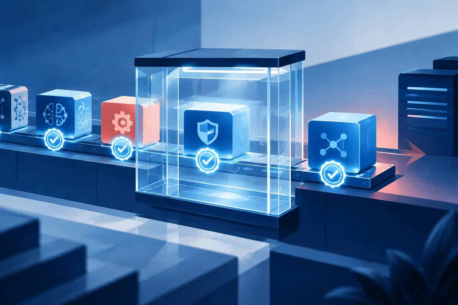 Modular AI components receive linked audit seals inside a transparent inspection chamber.