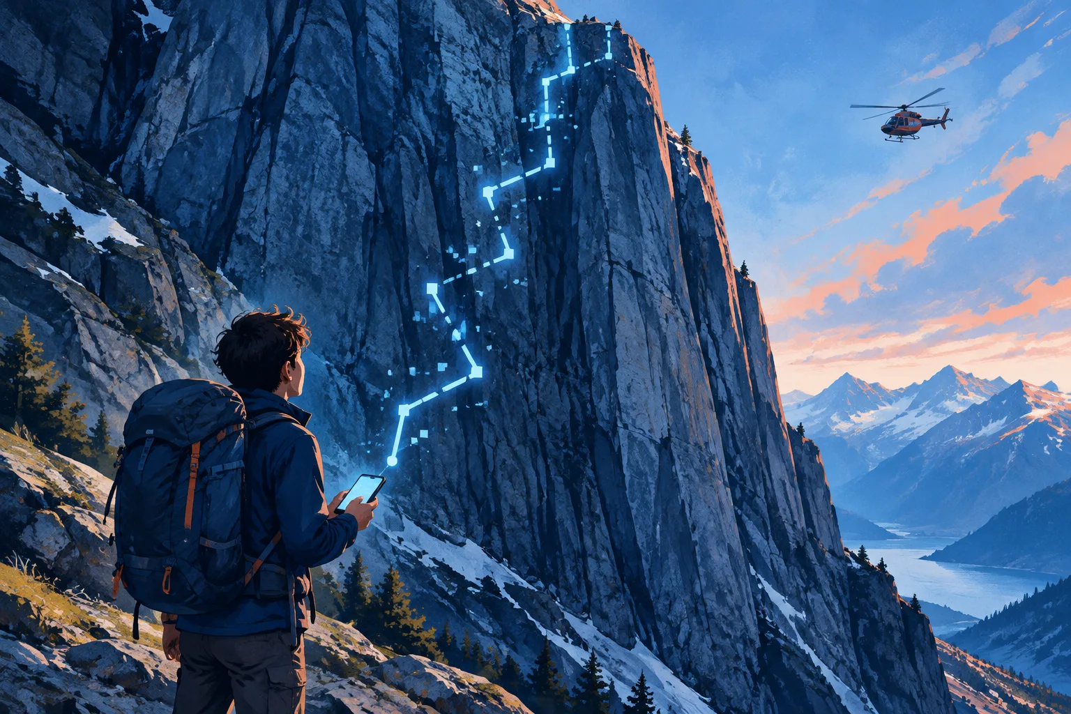A hiker faces a sheer cliff while a broken digital route points upward and a rescue helicopter approaches.