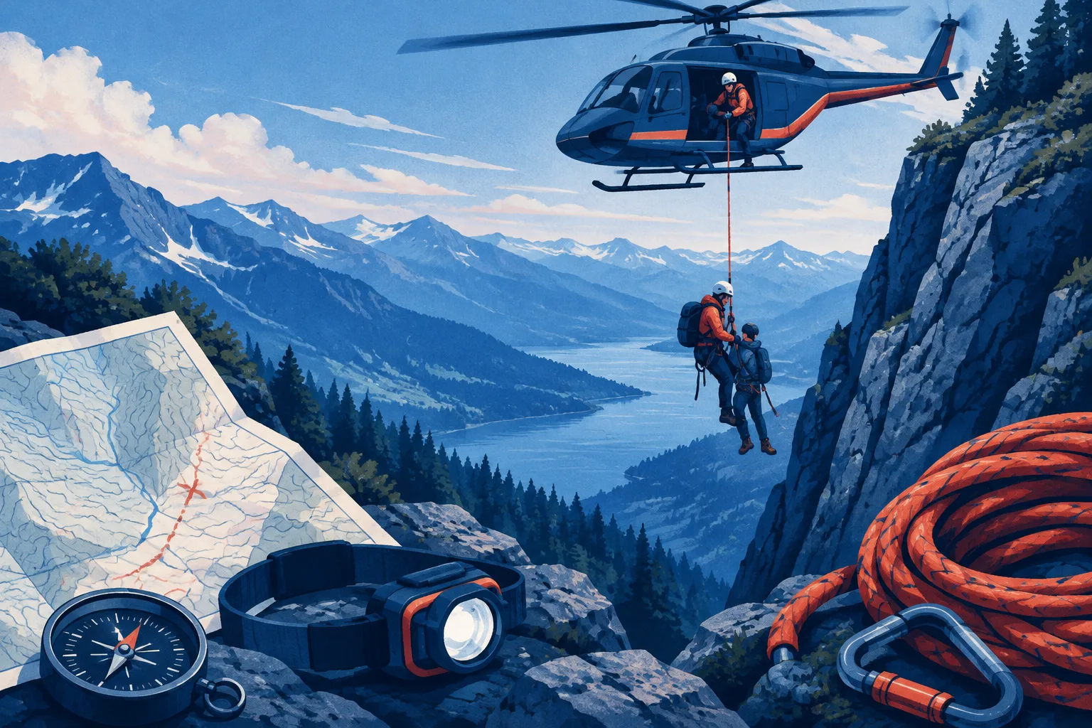 Rescuers descend beside a cliff, framed by traditional navigation and climbing safety equipment.