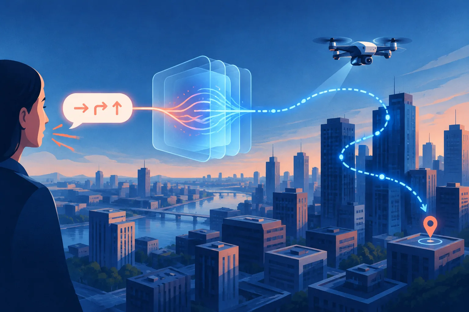 An illustrated drone receives a short instruction that becomes a detailed navigation path through a translation layer.