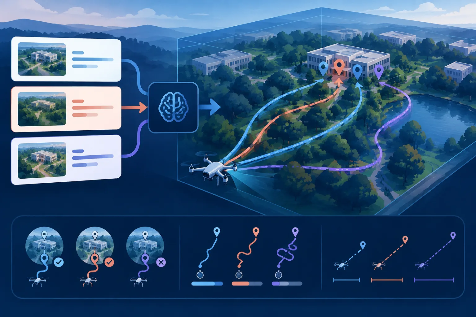Three rewritten instructions are tested as separate simulated drone routes and ranked by their outcomes.