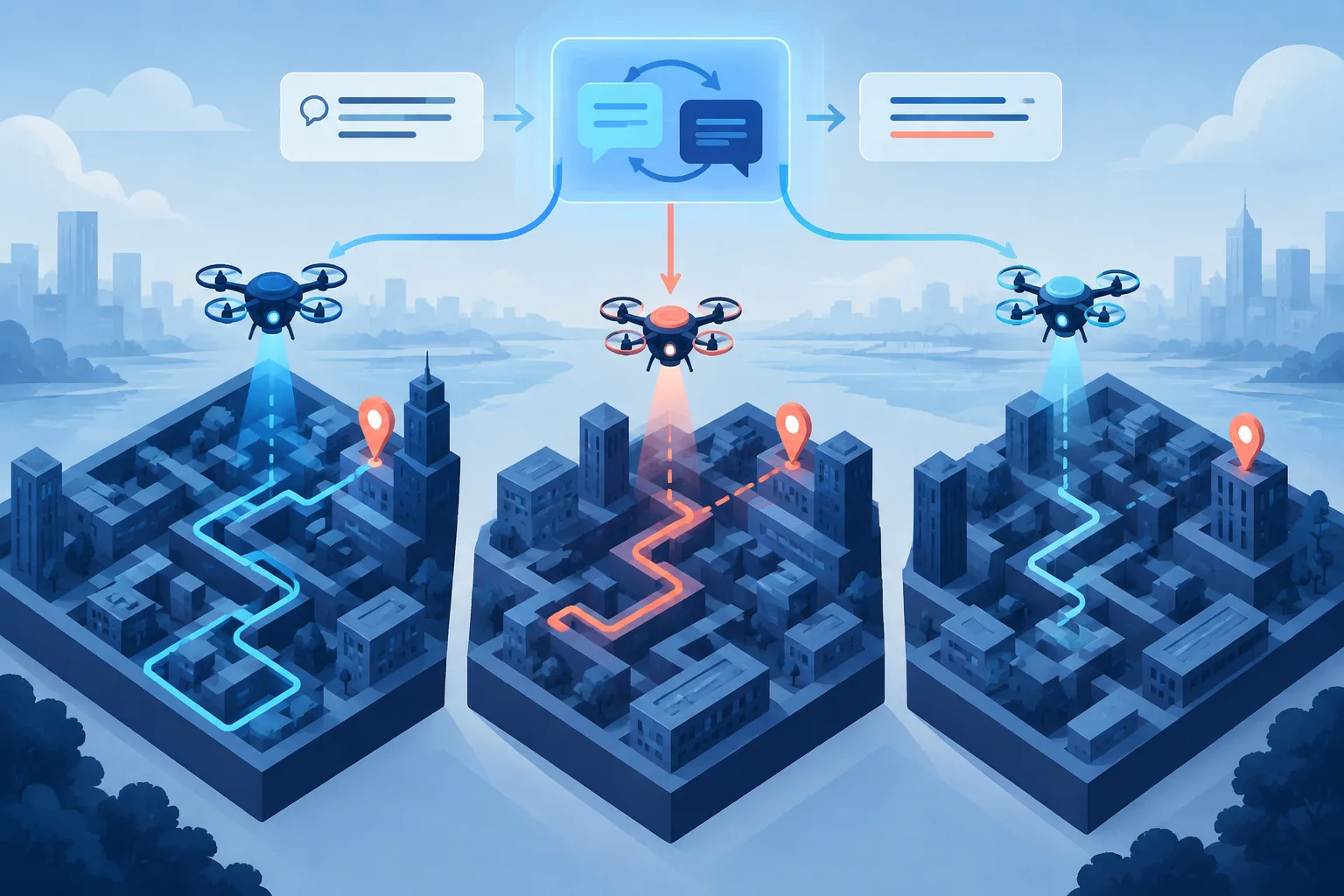 Three abstract drone agents show strong, partial, and unsuccessful navigation outcomes in separate simulated environments.