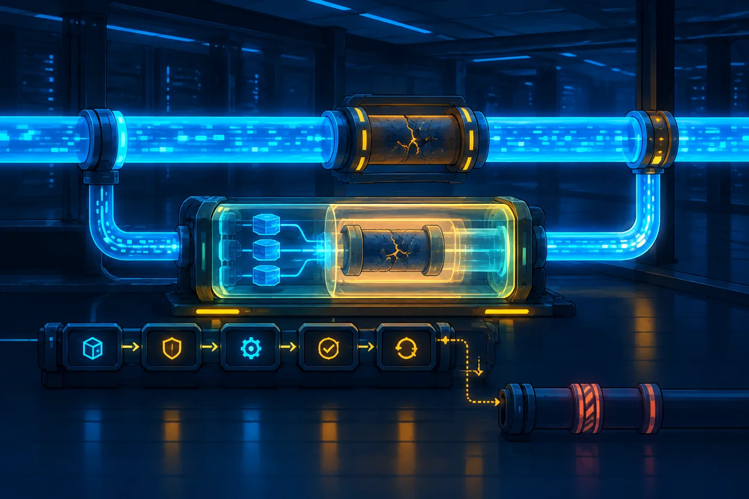 A live data pipeline continues while a parallel isolated lane tests an AI-generated repair.