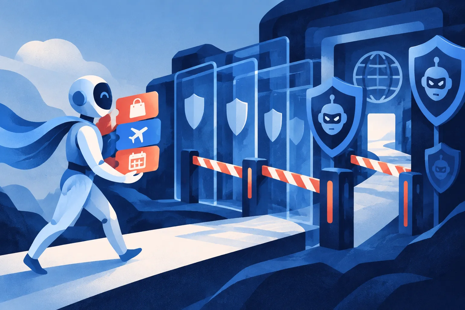 An abstract AI courier carrying commerce tasks encounters layered web security gates.