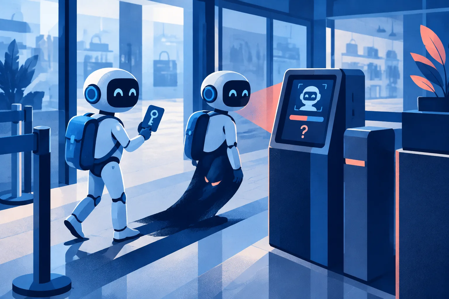 A security checkpoint tries to distinguish an authorized AI agent from a malicious bot.