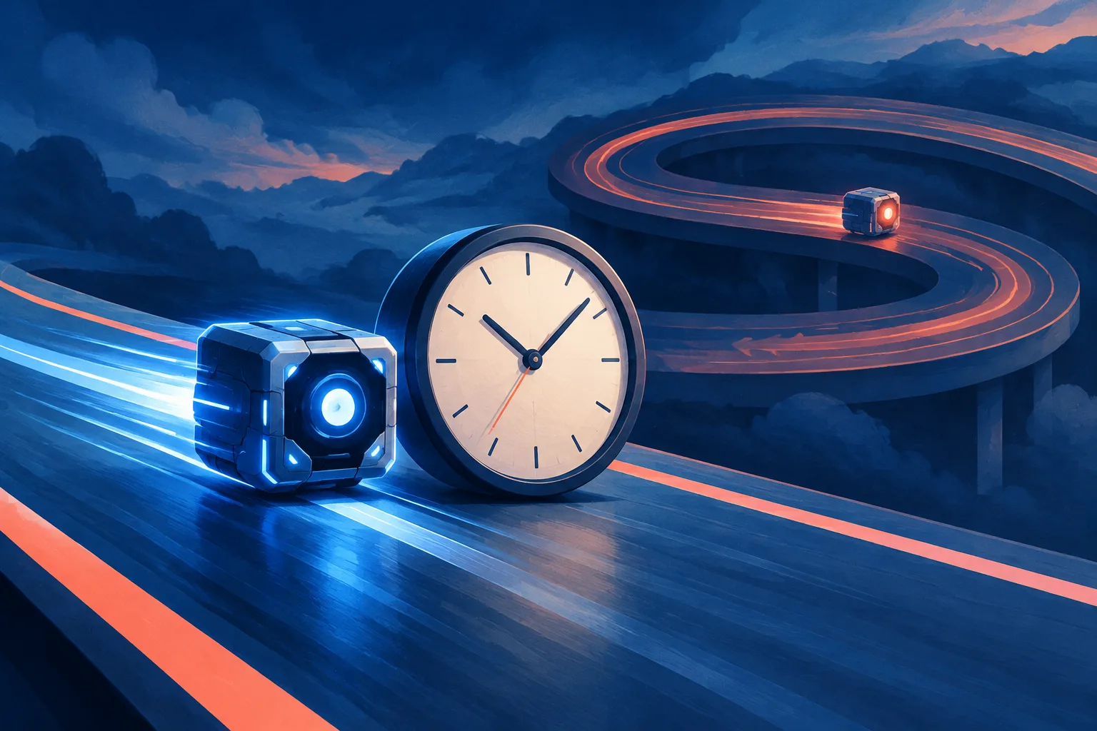 A glowing AI cube races beside an analog clock while a looping path suggests wasted time.