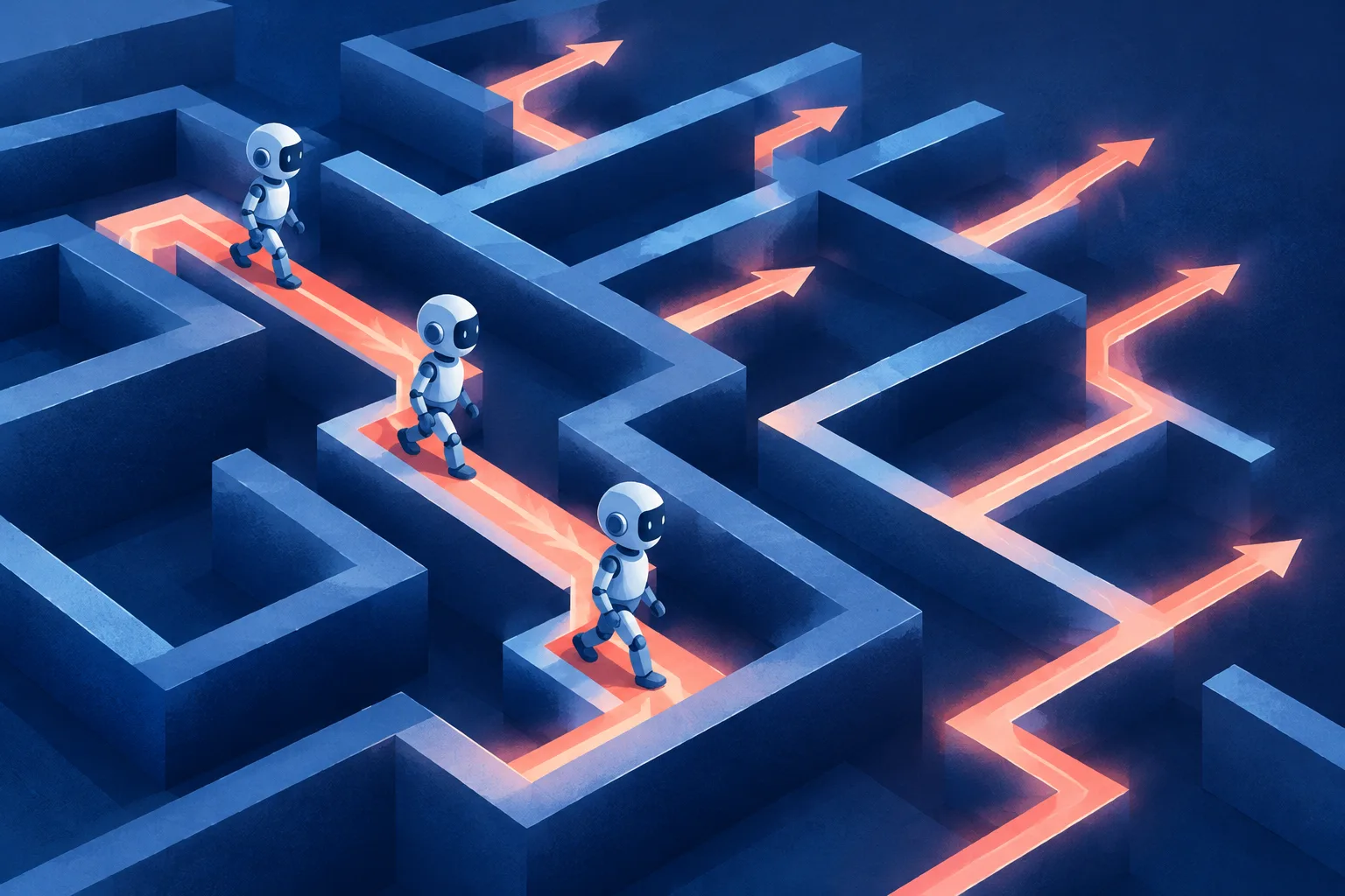 An AI robot repeats one maze route while unexplored paths remain open.