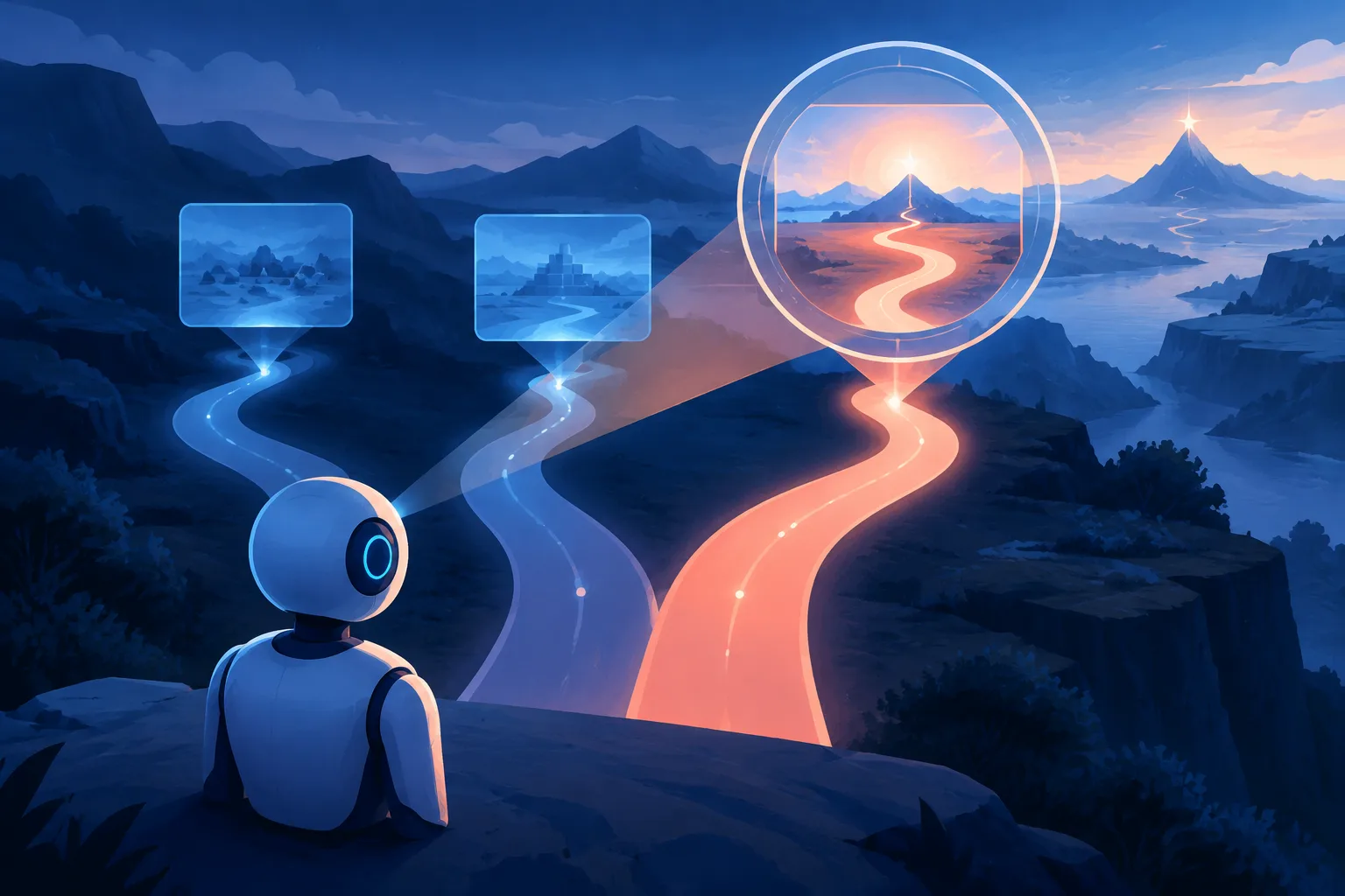 Abstract AI system compares three tool pathways before selecting the route most likely to succeed.