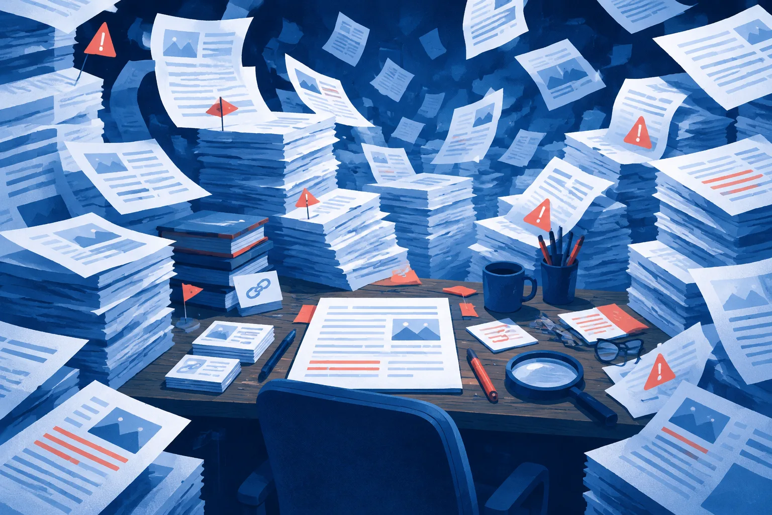 An editing desk overwhelmed by machine-generated pages requiring review.