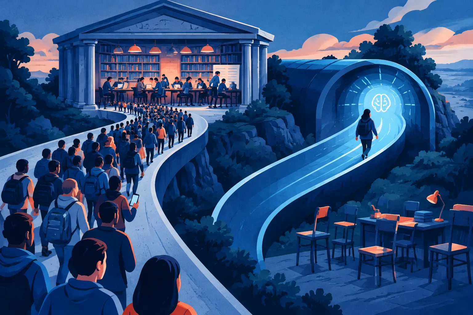 An AI answer tunnel bypassing an encyclopedia and its volunteer workshop.