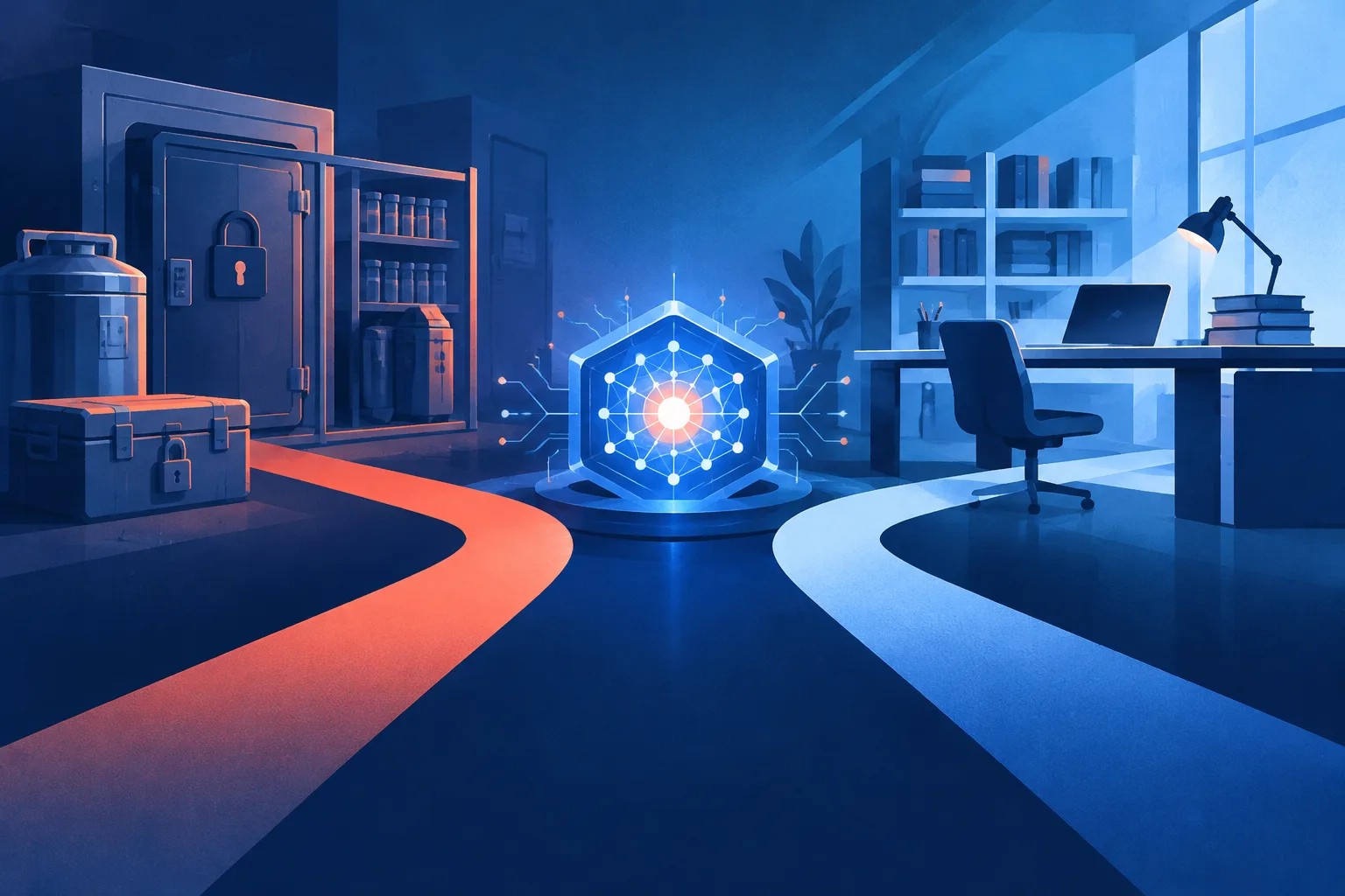 A conceptual AI knowledge core branches toward locked materials and an expert workspace.