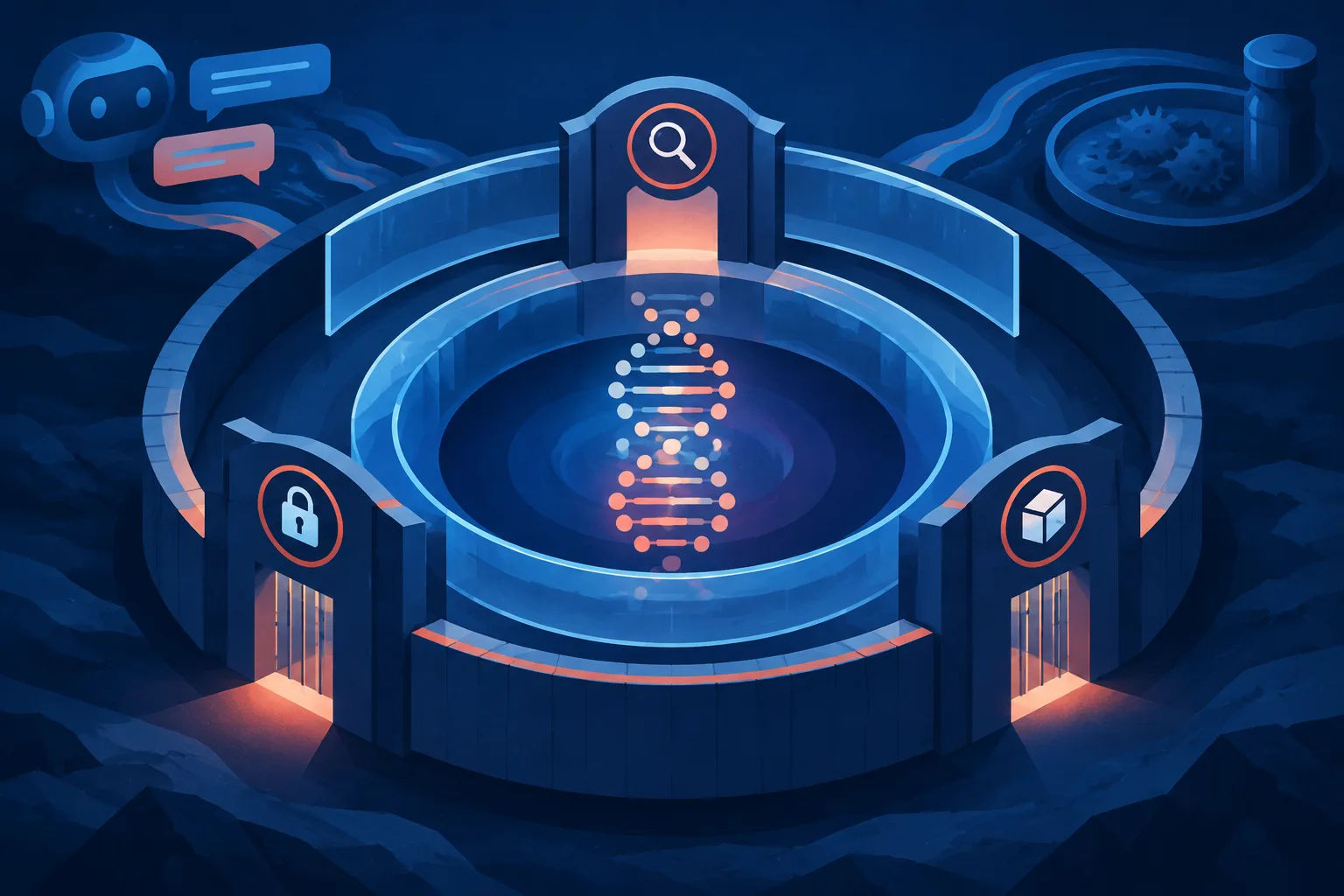 Concentric safeguards protect an abstract genetic pattern behind several independent security gates.