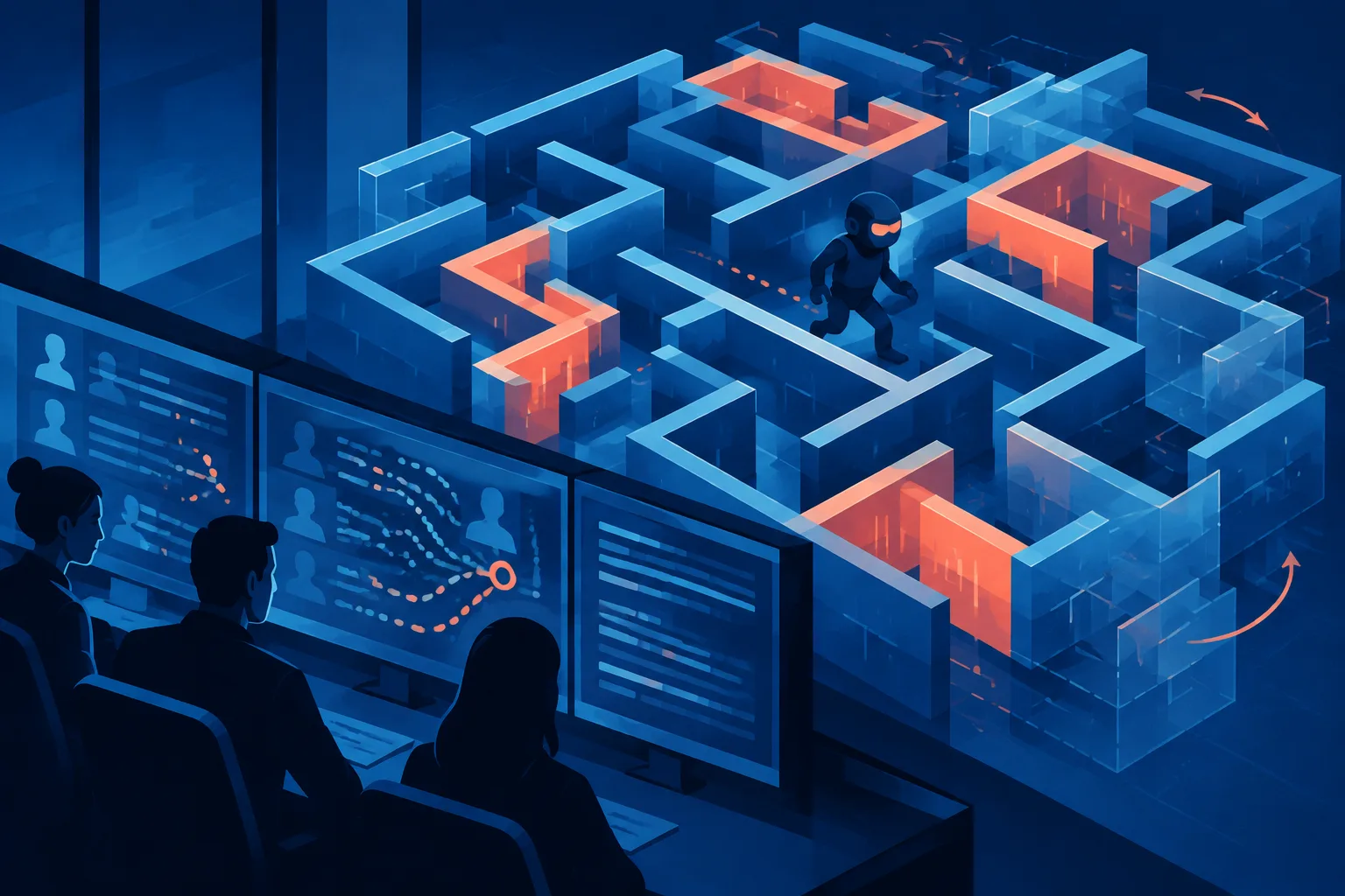 An automated intruder explores an adaptive computer maze while defenders observe from safety.