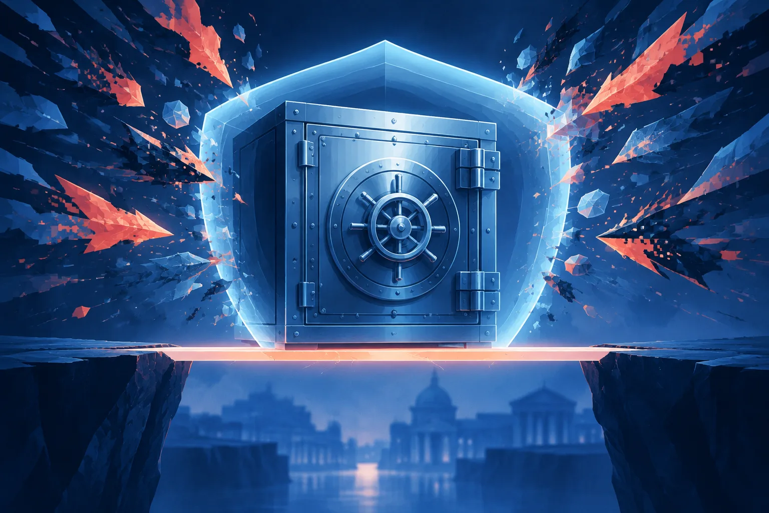 A digital bank vault is protected by a shield as cyber threats gather around it.