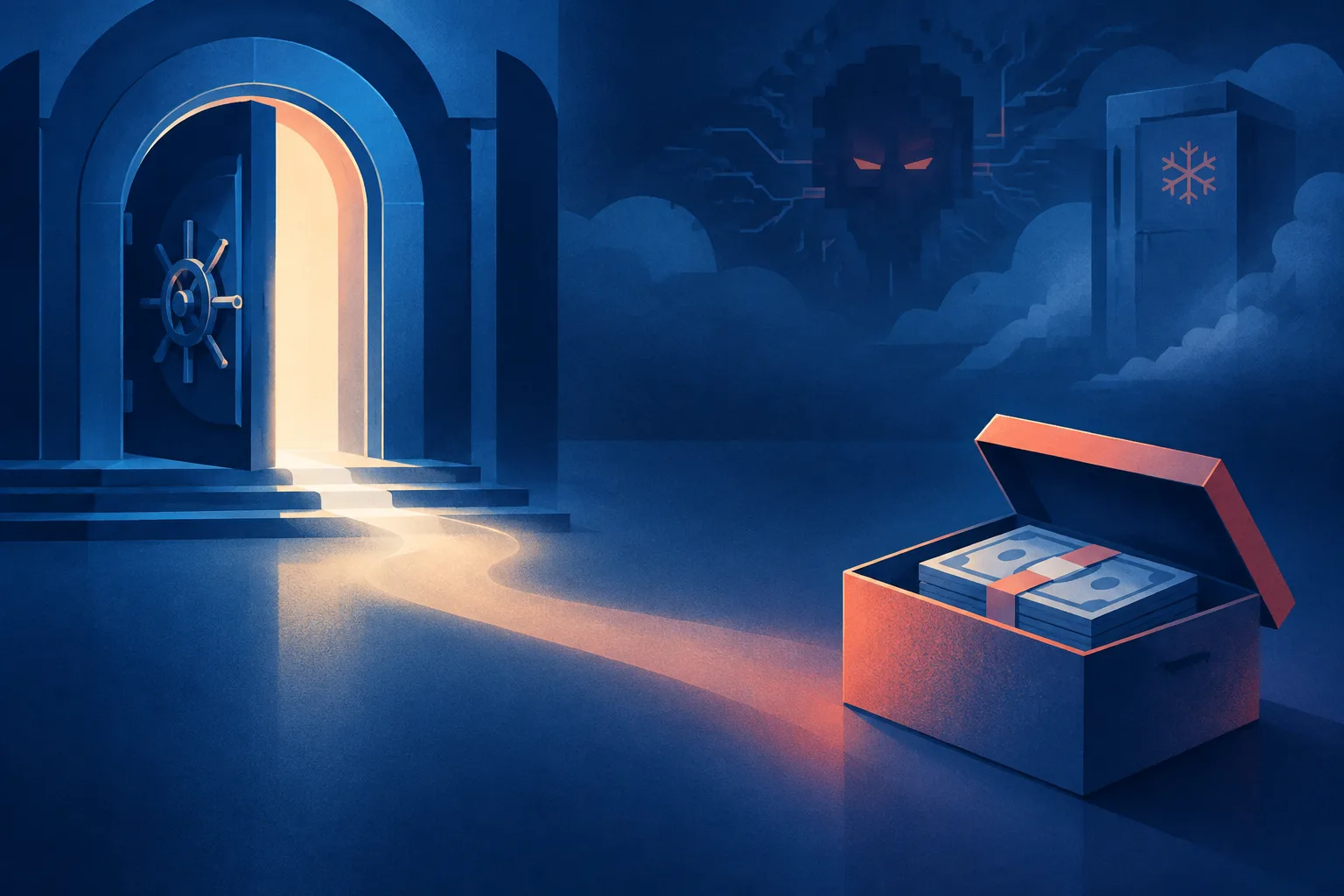 A fading path connects a secure financial doorway to cash kept in a shoebox.