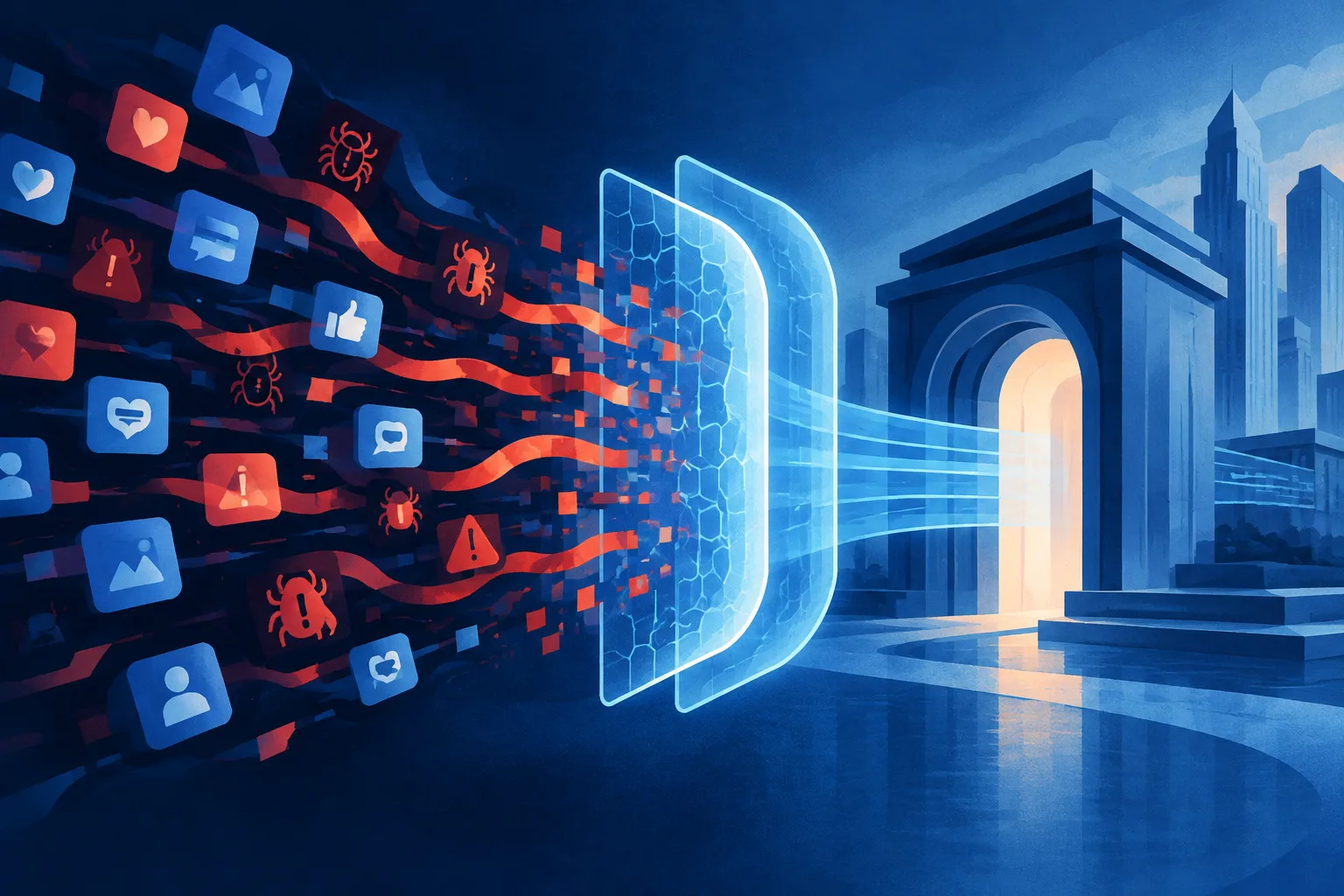 Defensive AI filters block fraudulent signals before they reach a financial gateway.
