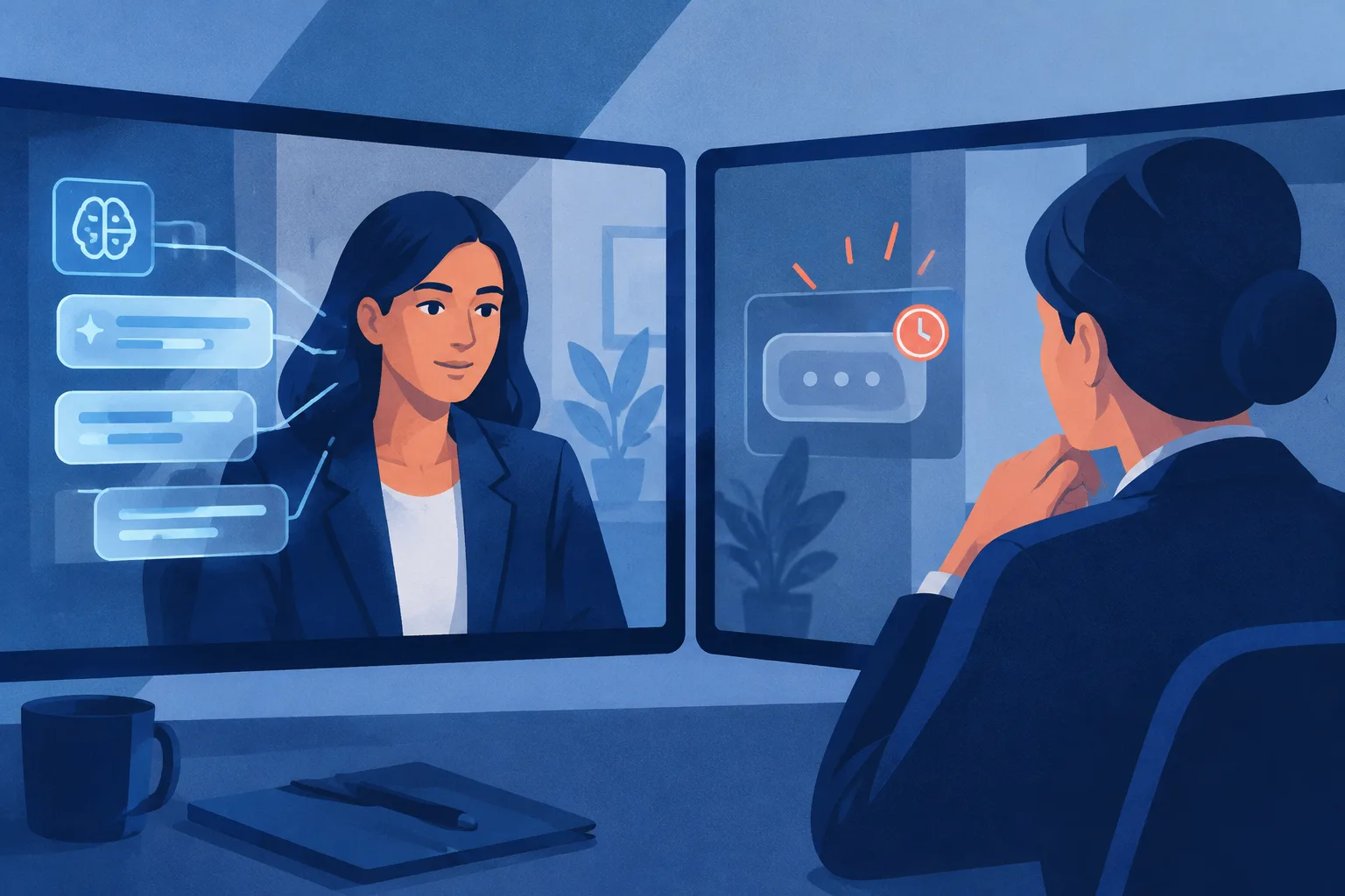 Abstract remote interview with AI suggestions appearing beside a candidate as a recruiter watches.