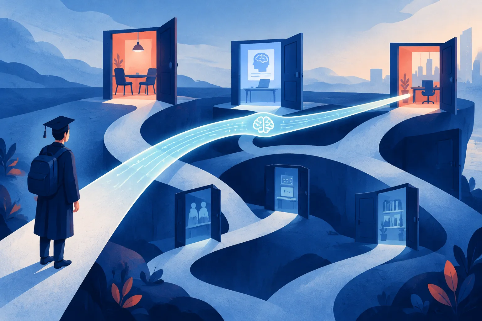 Symbolic graduate hiring pathway with an AI shortcut crossing interview and assessment stages.