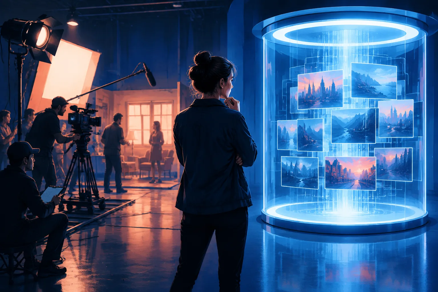 A young director faces a choice between a traditional film set and an automated AI production chamber.