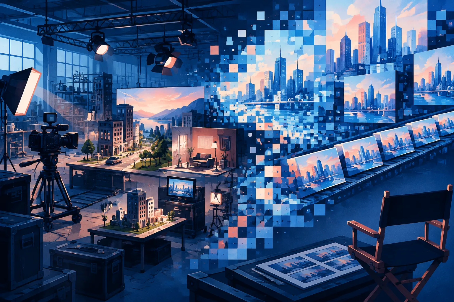 A production studio blends practical filmmaking equipment with abstract AI-generated scenery.