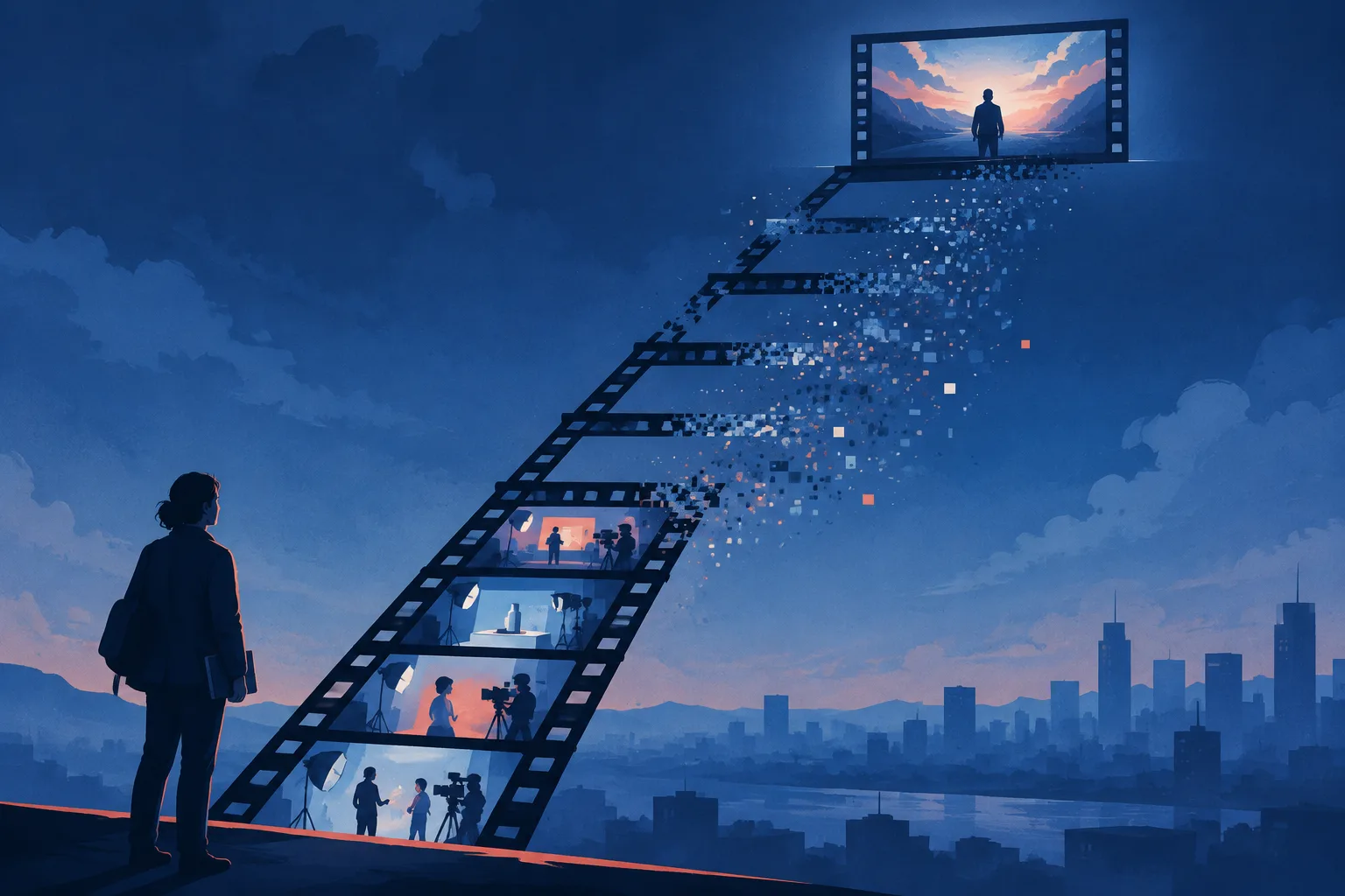 A film-strip career ladder loses lower rungs as they dissolve into digital particles.