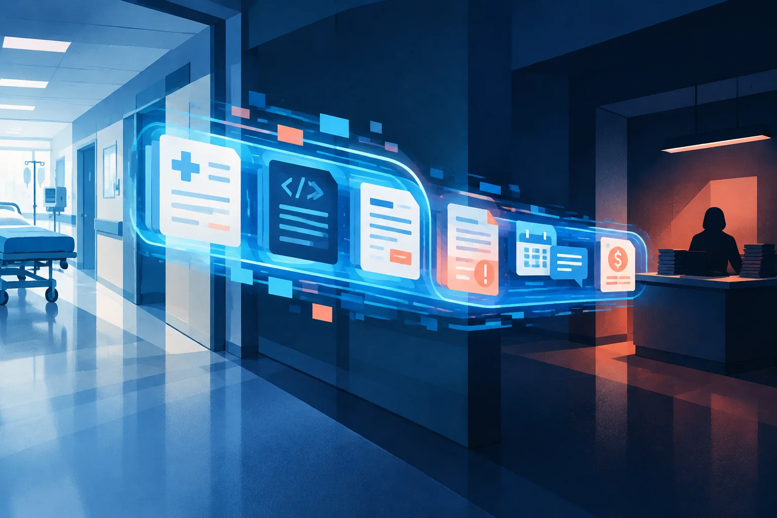 Hospital care flowing into an automated medical billing and debt collection pipeline.