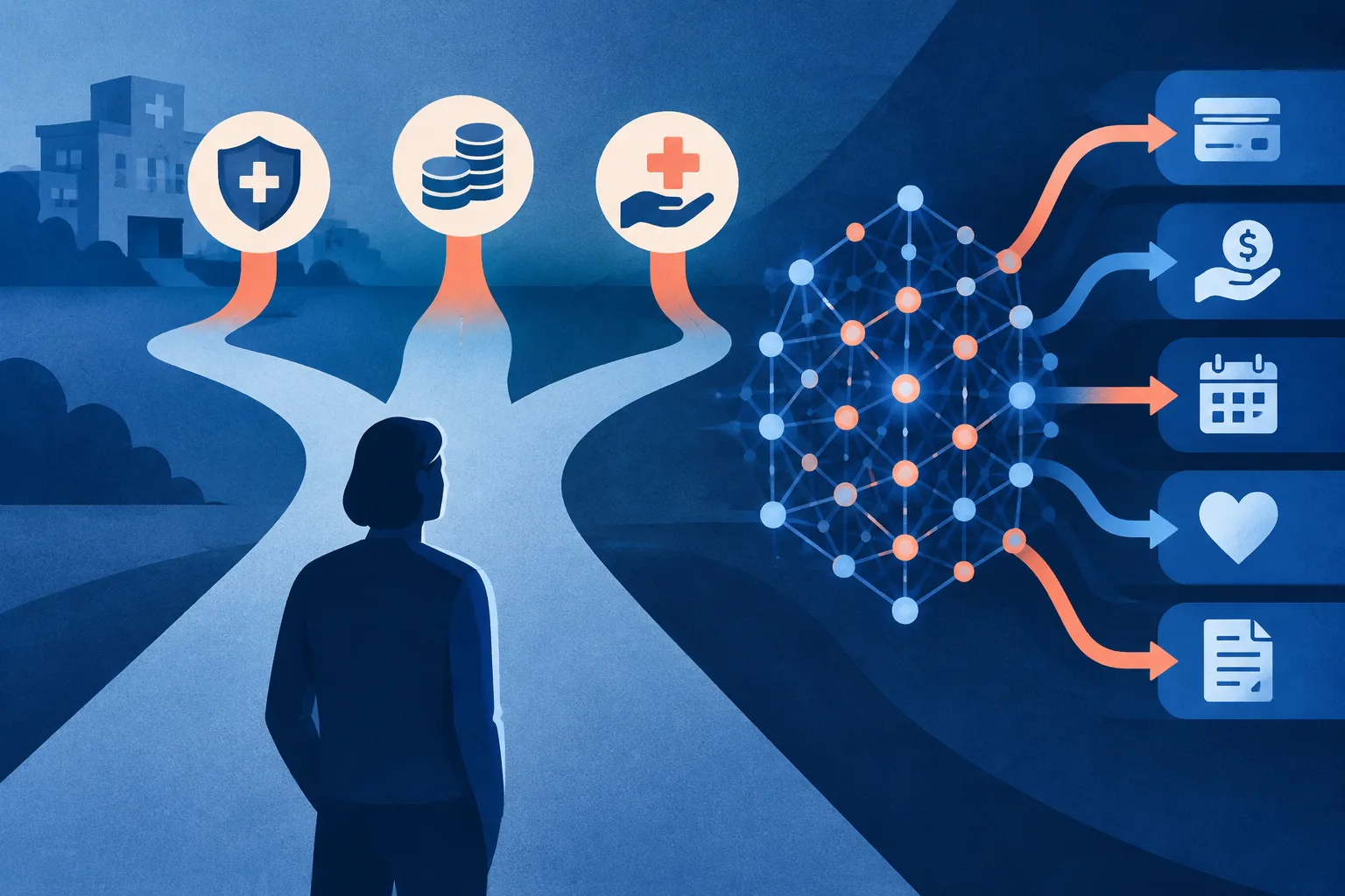 An abstract patient navigating insurance costs, unpaid care and algorithmic payment decisions.