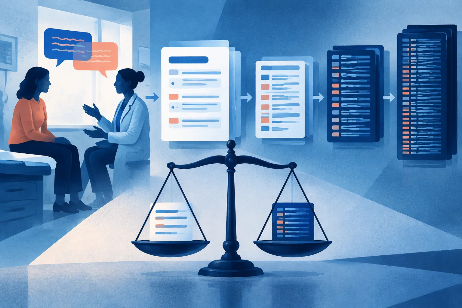 Clinical conversation becoming structured notes and more detailed billing codes through AI.