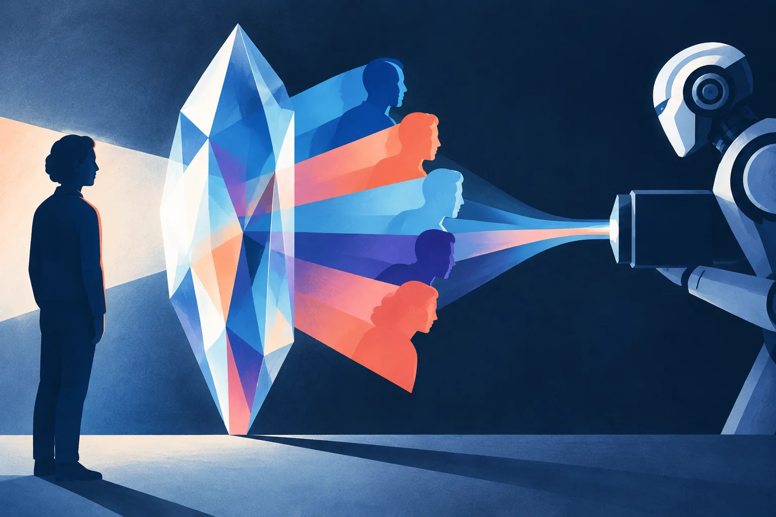 A crystal reveals several interpretations while a machine compresses them into one.