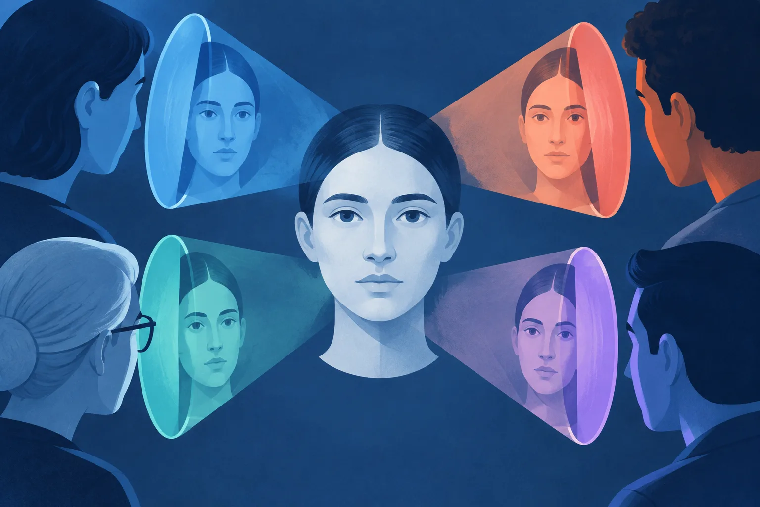 Abstract observers interpret the same expression through different colored lenses.