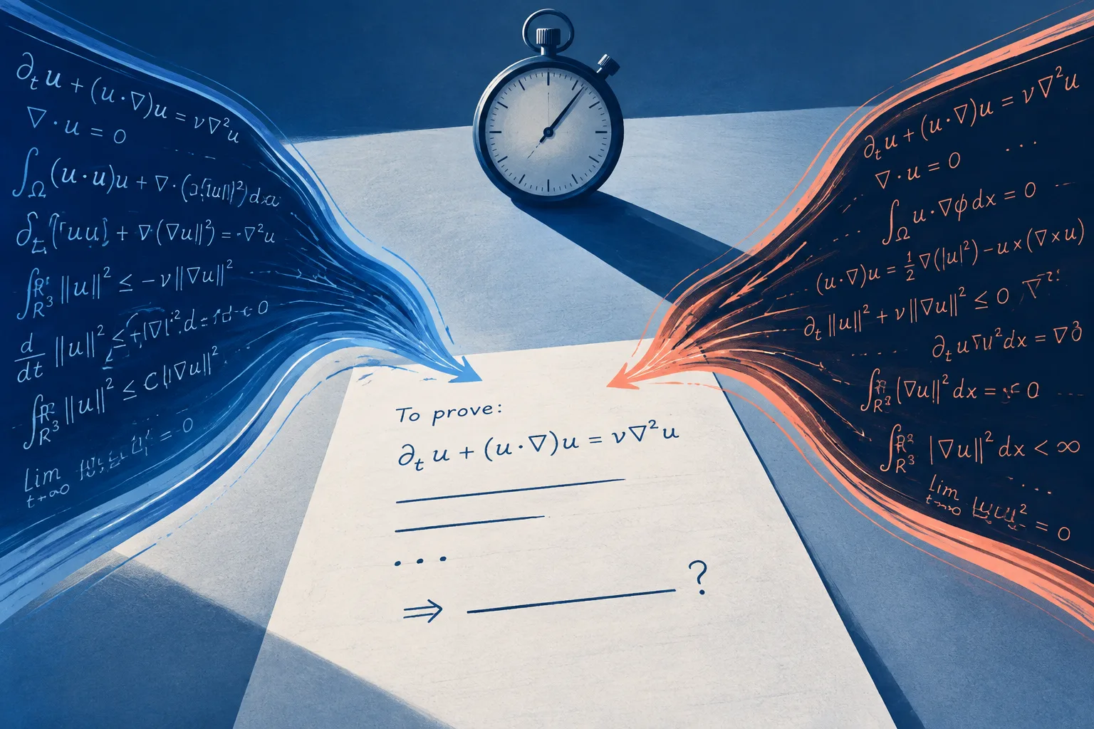 Two streams of equations converge on one unfinished proof beneath a stopwatch shadow.